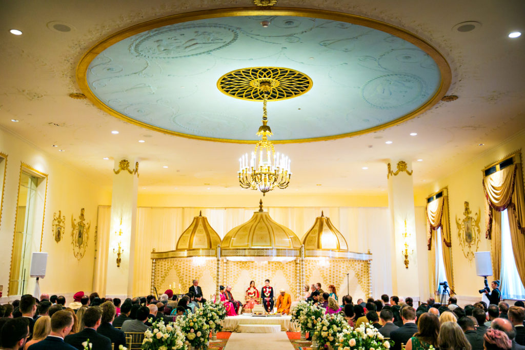 indian fusion wedding Washington DC Mayflower Hotel hindu christian ceremony gold dome mandap